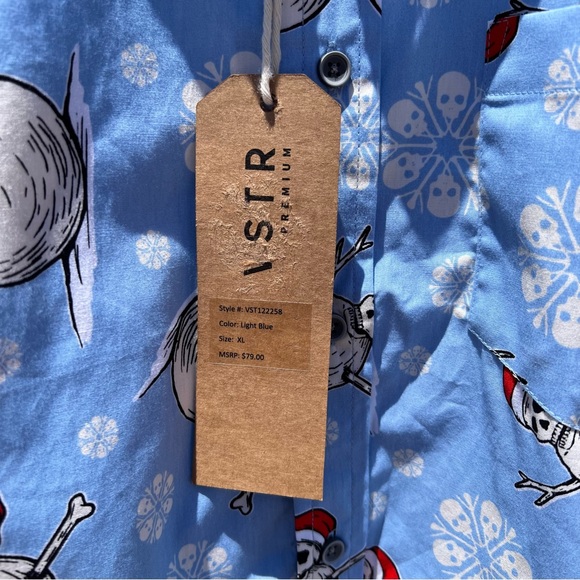 NWT VSTR PREMIUM Men’s Buttoned Down Shirt Size XL Light Blue Skull Snowmen - Picture 3 of 8